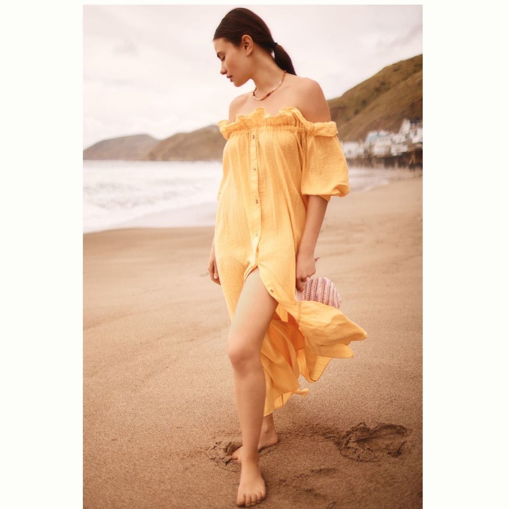 Anthropologie Ruffle Off-The-Shoulder Gauze Cotton Dress